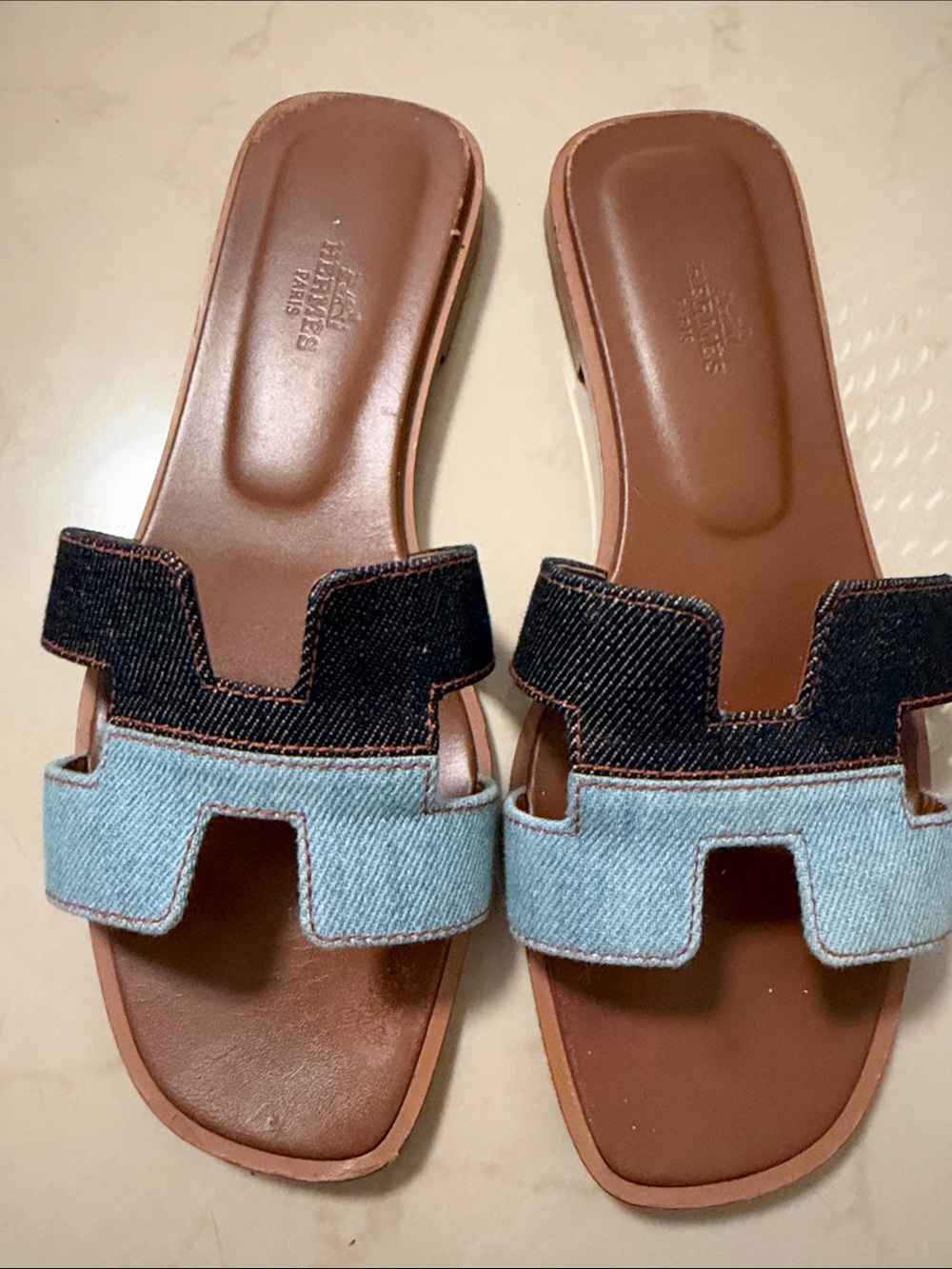 Hermes Two-Tone Denim H Slide Sandals - Light Blue & Black